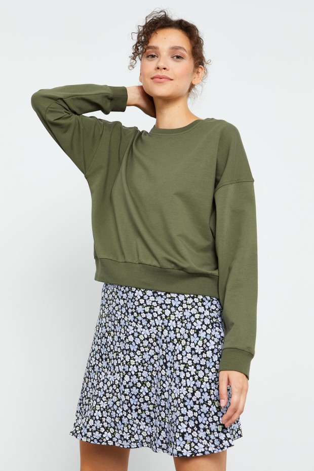 Haki Basic Rahat Form O Yaka Kadın Sweatshirt - 97114 - 1