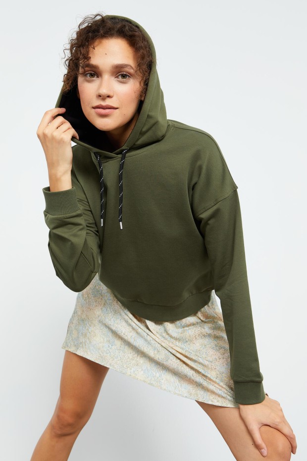 Haki Uzun Kol Rahat Form Kapüşonlu Kadın Sweatshirt - 97115 - 1