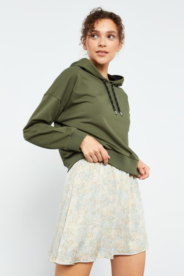 Haki Uzun Kol Rahat Form Kapüşonlu Kadın Sweatshirt - 97115 - 3