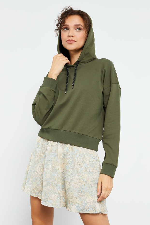 Haki Uzun Kol Rahat Form Kapüşonlu Kadın Sweatshirt - 97115 - 6