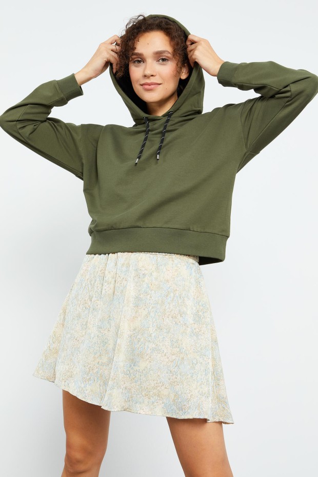 Haki Uzun Kol Rahat Form Kapüşonlu Kadın Sweatshirt - 97115 - 8