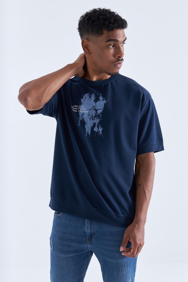 Tommy Life İndigo Baskılı Yazı Nakışlı O Yaka Erkek Oversize T-Shirt - 88105. 3 Tommy Life İndigo Baskılı Yazı Nakışlı O Yaka Erkek Oversize T-Shirt - 88105. 3