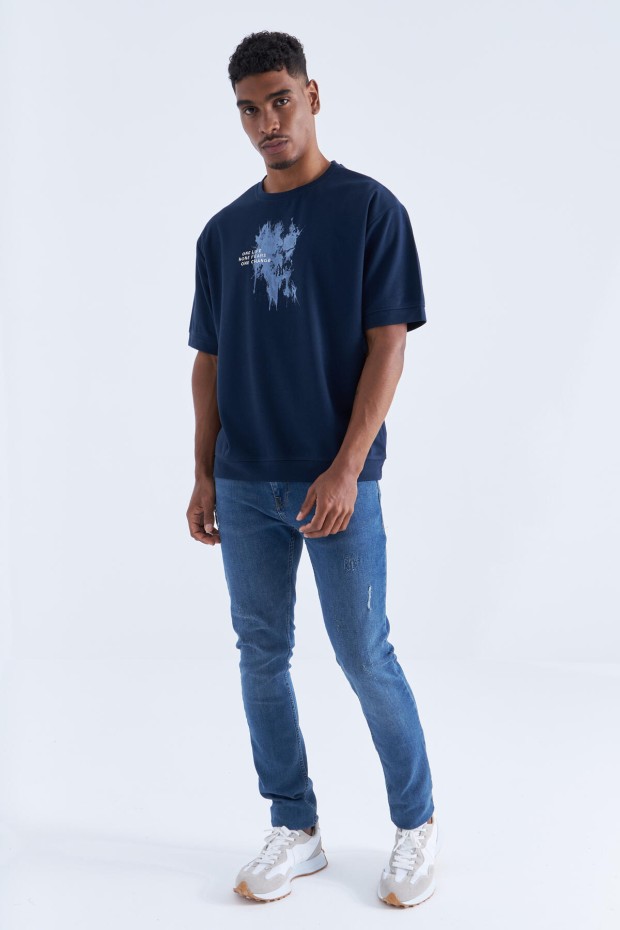 Tommy Life İndigo Baskılı Yazı Nakışlı O Yaka Erkek Oversize T-Shirt - 88105. 2 Tommy Life İndigo Baskılı Yazı Nakışlı O Yaka Erkek Oversize T-Shirt - 88105. 2