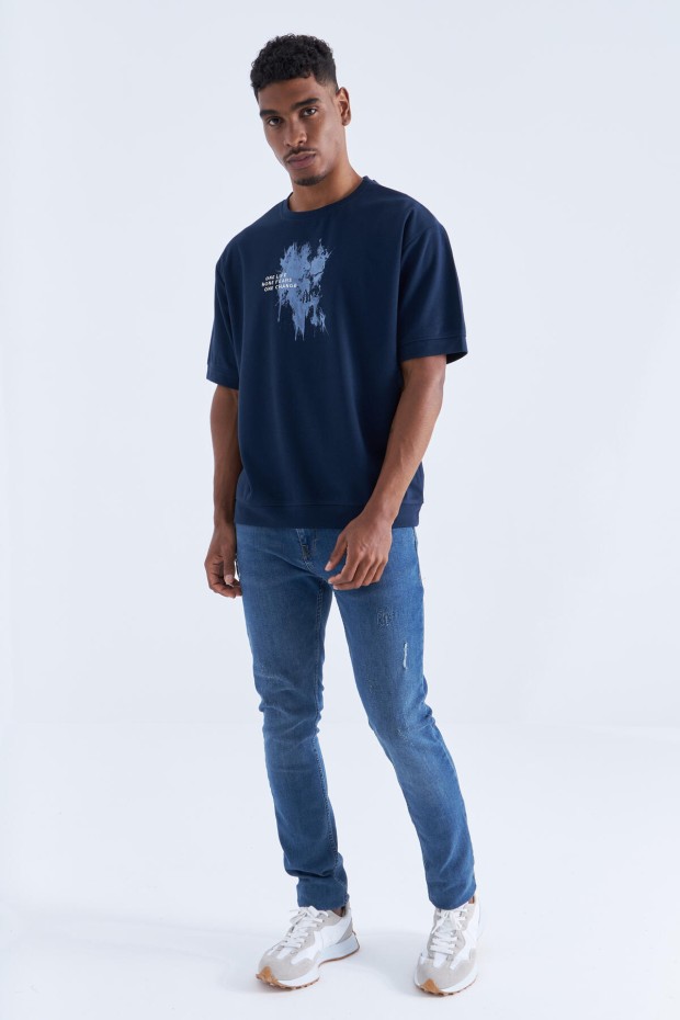 Tommy Life İndigo Baskılı Yazı Nakışlı O Yaka Erkek Oversize T-Shirt - 88105. 2