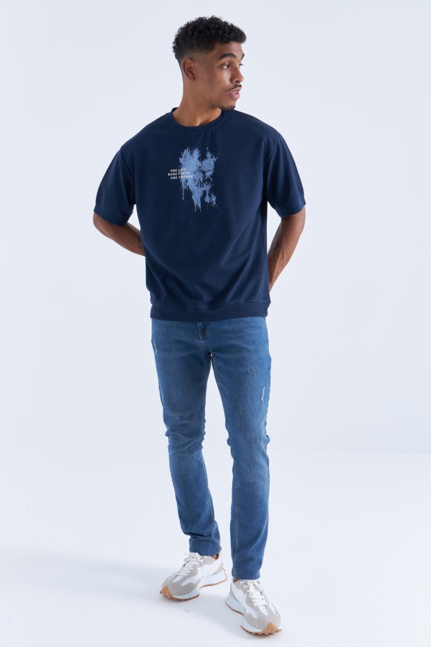 Tommy Life İndigo Baskılı Yazı Nakışlı O Yaka Erkek Oversize T-Shirt - 88105. 4 Tommy Life İndigo Baskılı Yazı Nakışlı O Yaka Erkek Oversize T-Shirt - 88105. 4