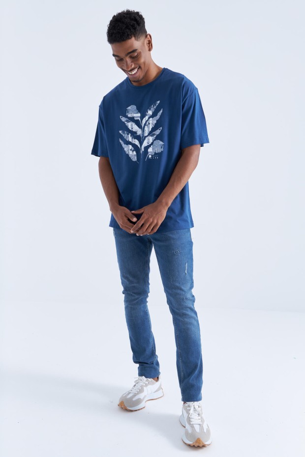 Tommy Life İndigo Büyük Baskılı O Yaka Erkek Oversize T-Shirt - 88092. 8 Tommy Life İndigo Büyük Baskılı O Yaka Erkek Oversize T-Shirt - 88092. 8