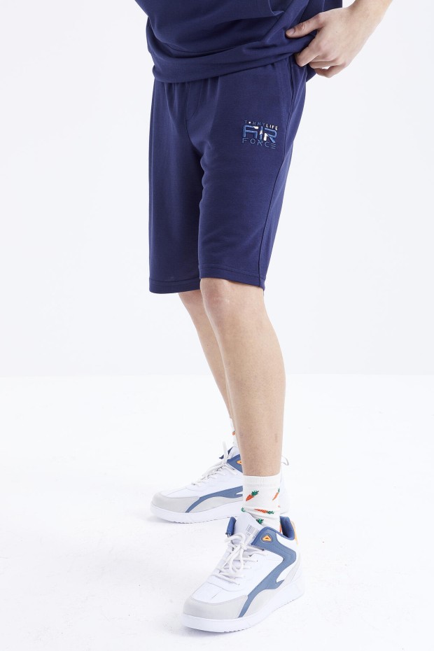 Tommy Life İndigo Nakışlı Kapüşonlu Kanguru Cep Oversize Erkek Şort Takım - 85166. 4 Tommy Life İndigo Nakışlı Kapüşonlu Kanguru Cep Oversize Erkek Şort Takım - 85166. 4