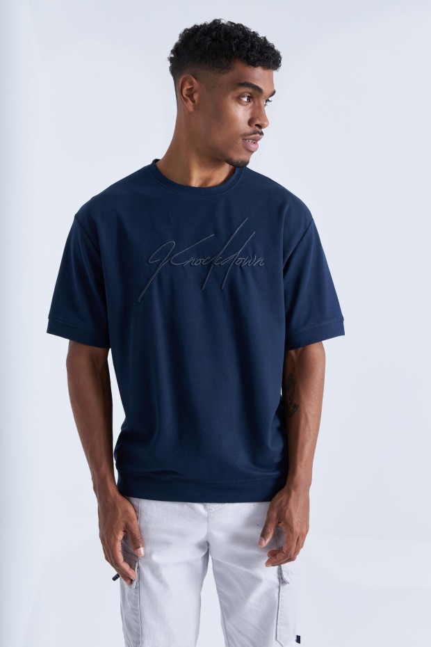 Tommy Life İndigo Yazı Nakışlı O Yaka Erkek Oversize T-Shirt - 88102. 1 Tommy Life İndigo Yazı Nakışlı O Yaka Erkek Oversize T-Shirt - 88102. 1