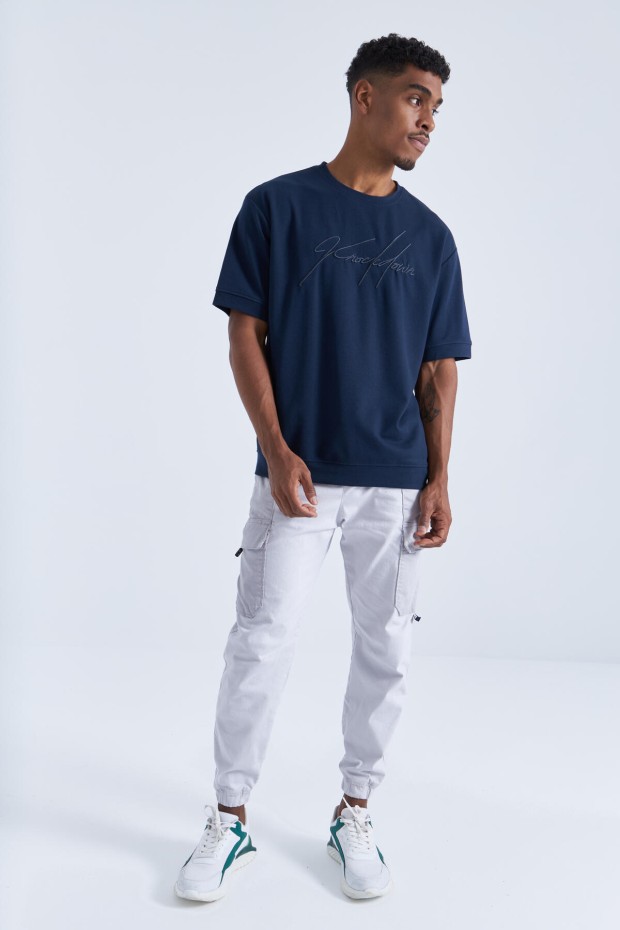 Tommy Life İndigo Yazı Nakışlı O Yaka Erkek Oversize T-Shirt - 88102. 8 Tommy Life İndigo Yazı Nakışlı O Yaka Erkek Oversize T-Shirt - 88102. 8