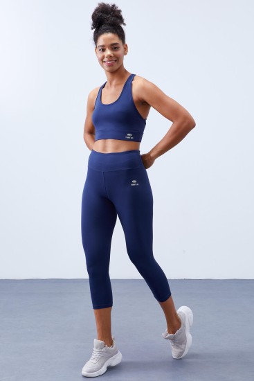 İndigo Yüksek Bel Toparlayıcı Çapraz Sırt Detaylı Slim Fit Kadın Tayt Takım - 95283 