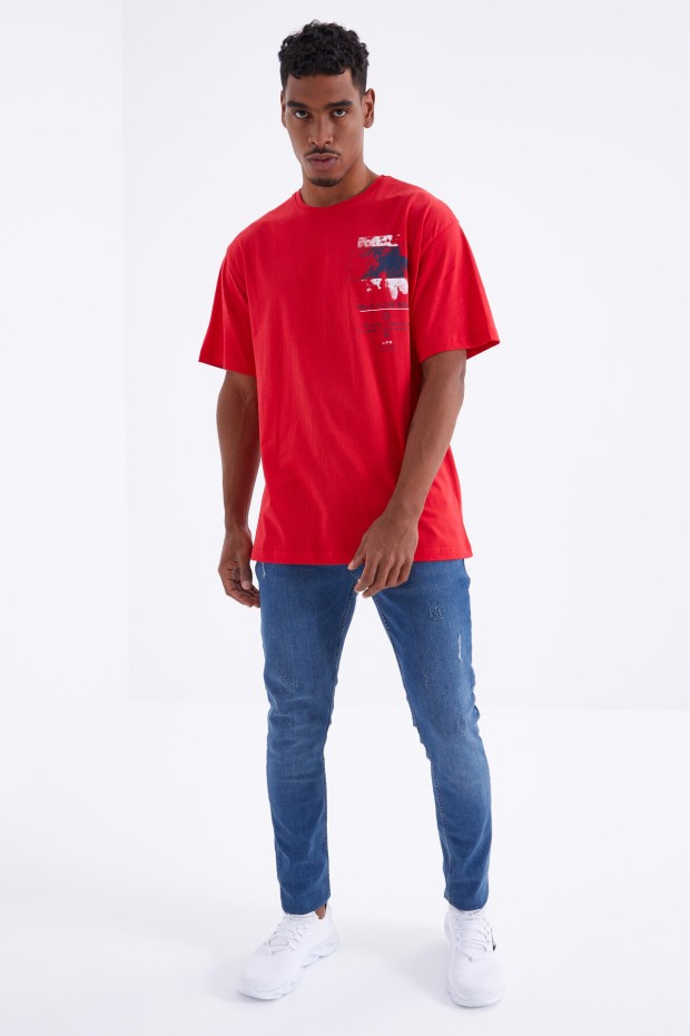 Tommy Life Kırmızı Baskı Detaylı O Yaka Erkek Oversize T-Shirt - 88099. 3