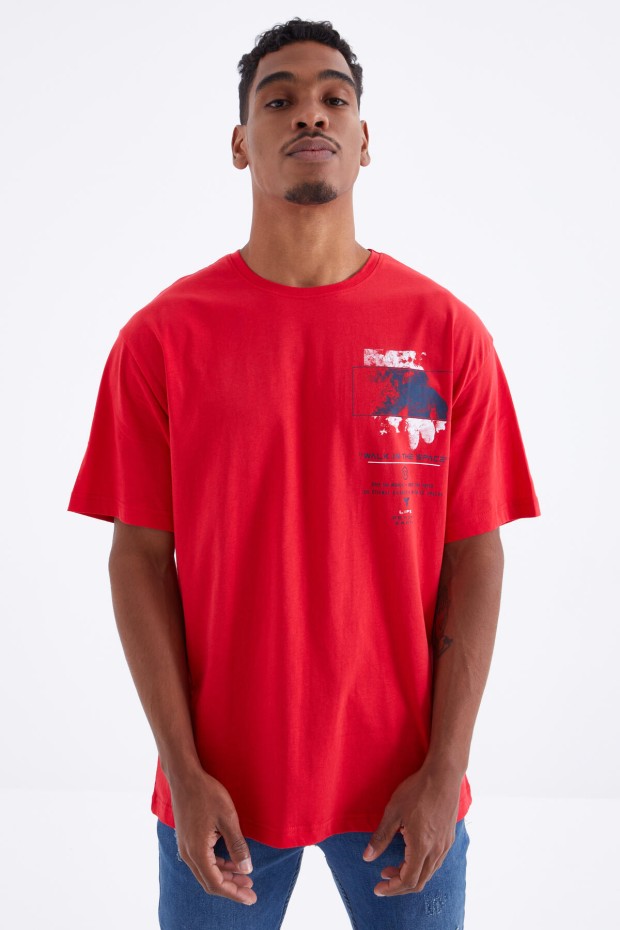 Tommy Life Kırmızı Baskı Detaylı O Yaka Erkek Oversize T-Shirt - 88099. 8