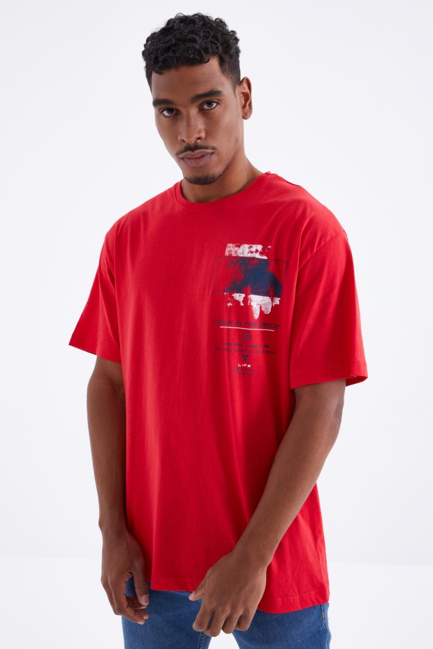 Tommy Life Kırmızı Baskı Detaylı O Yaka Erkek Oversize T-Shirt - 88099. 7