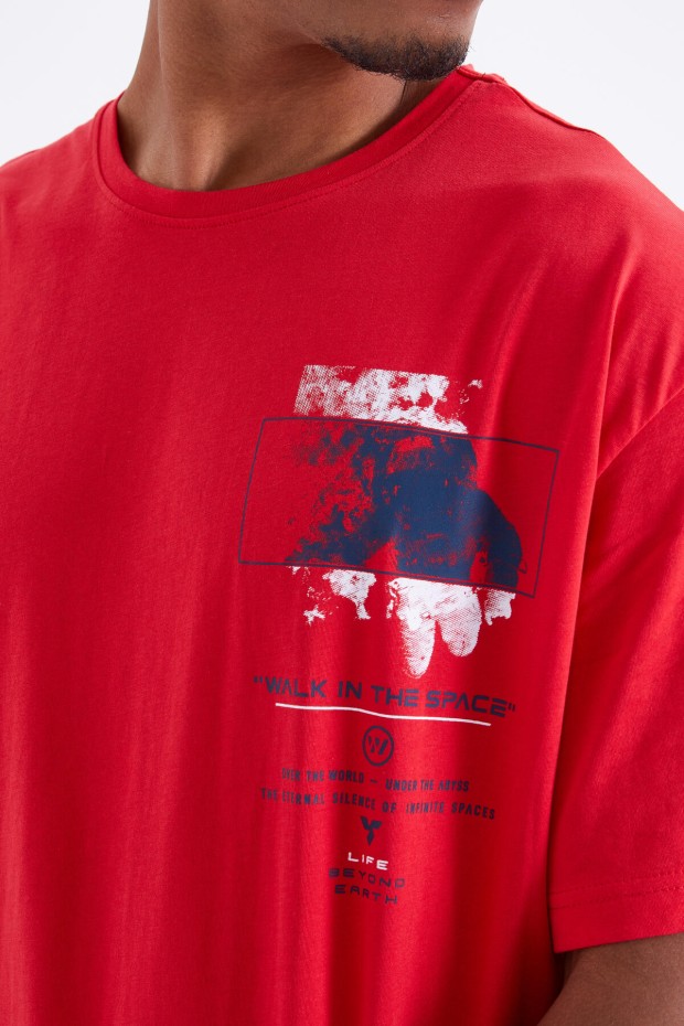 Tommy Life Kırmızı Baskı Detaylı O Yaka Erkek Oversize T-Shirt - 88099. 6