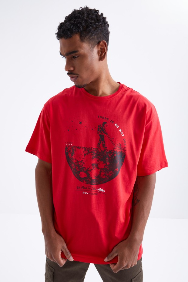 Tommy Life Kırmızı Baskılı O Yaka Erkek Oversize T-Shirt - 88098. 7