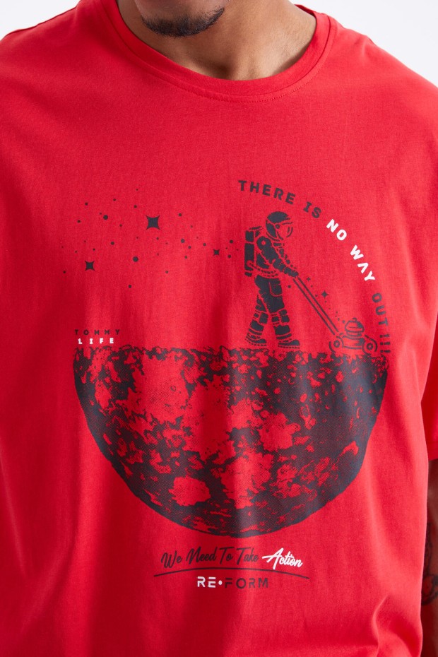 Tommy Life Kırmızı Baskılı O Yaka Erkek Oversize T-Shirt - 88098. 4