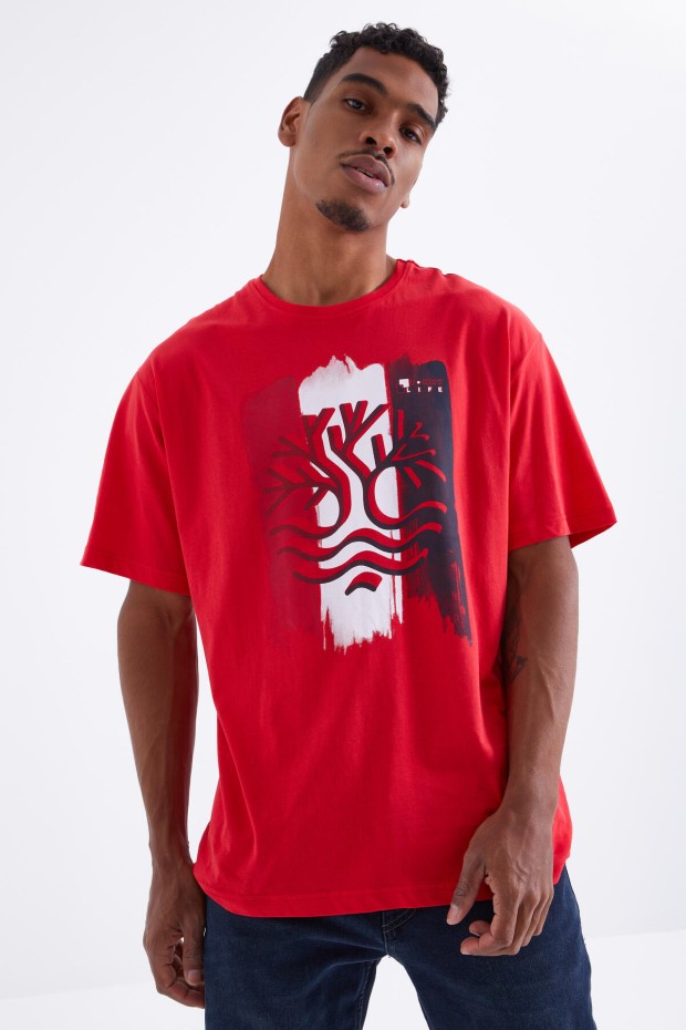 Tommy Life Kırmızı Büyük Baskılı O Yaka Erkek Oversize T-Shirt - 88095. 3
