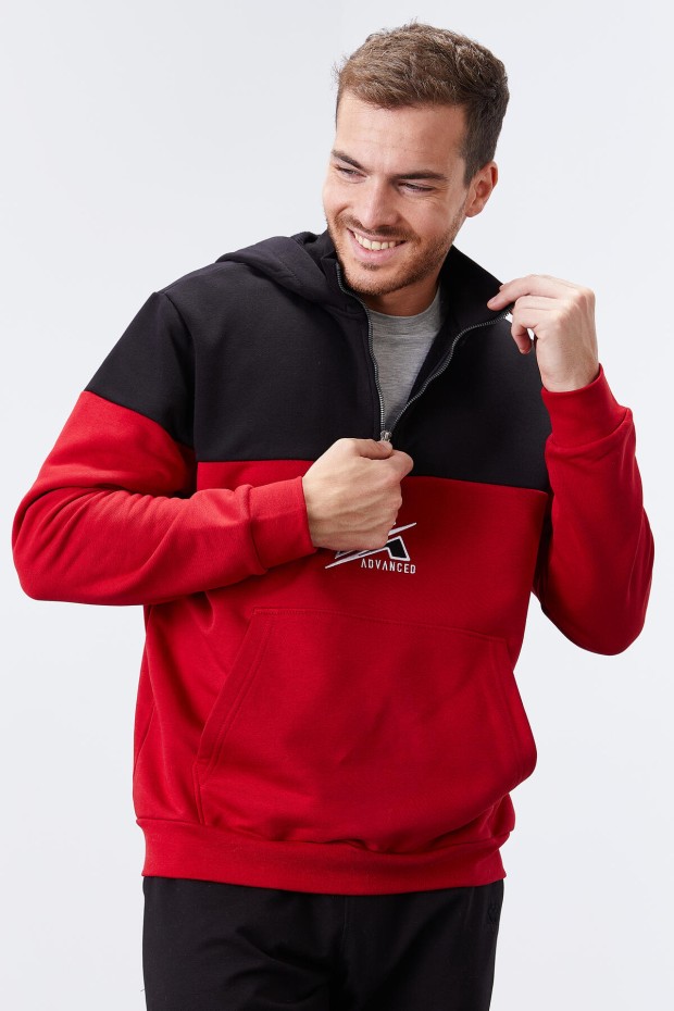 Tommy Life Kırmızı Nakış Detaylı Yarım Fermuar Kapüşonlu Erkek Sweatshirt - 88033. 1