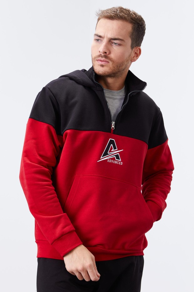 Tommy Life Kırmızı Nakış Detaylı Yarım Fermuar Kapüşonlu Erkek Sweatshirt - 88033. 6