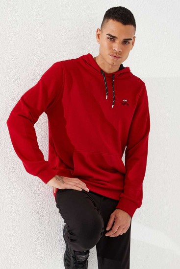 Kırmızı Kanguru Cep Standart Kalıp Kapüşonlu Erkek Sweatshirt - 87872 