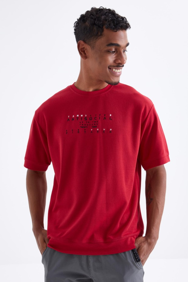 Tommy Life Kırmızı Küçük Yazı Nakışlı O Yaka Erkek Oversize T-Shirt - 88103. 3