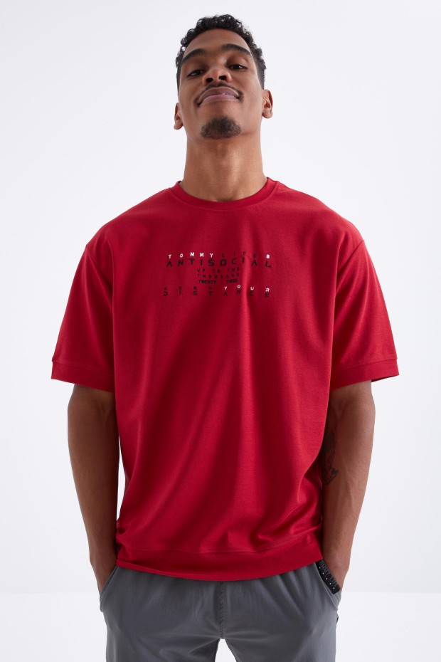 Tommy Life Kırmızı Küçük Yazı Nakışlı O Yaka Erkek Oversize T-Shirt - 88103. 6