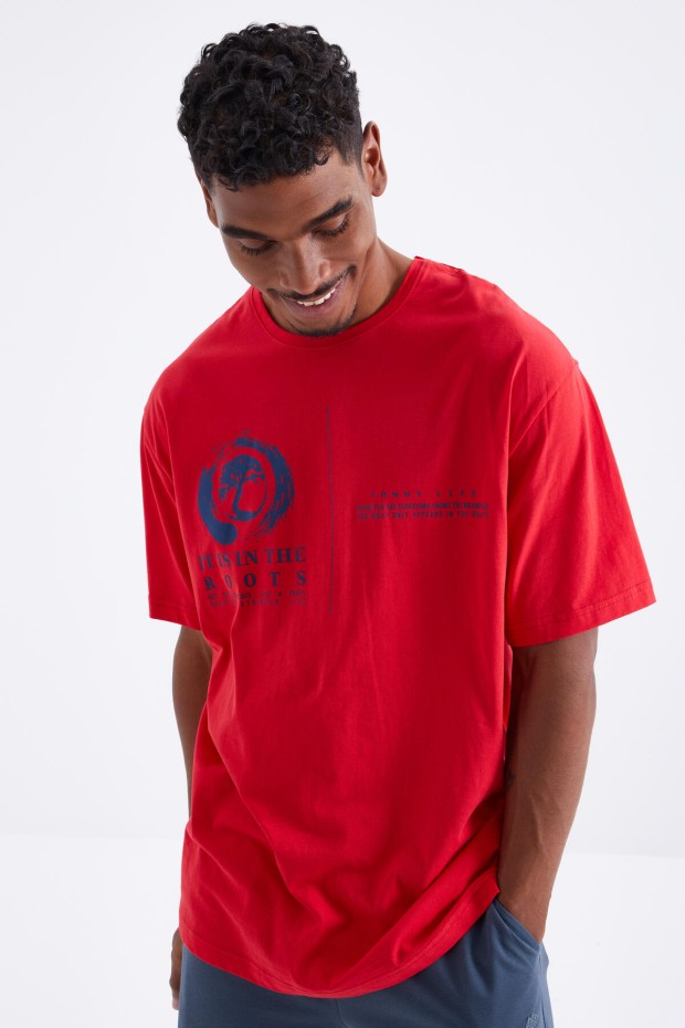 Tommy Life Kırmızı Minimal Baskılı O Yaka Erkek Oversize T-Shirt - 88096. 1