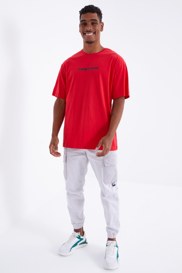 Tommy Life Kırmızı Sırtı Yazı Baskılı O Yaka Erkek Oversize T-Shirt - 88100. 1