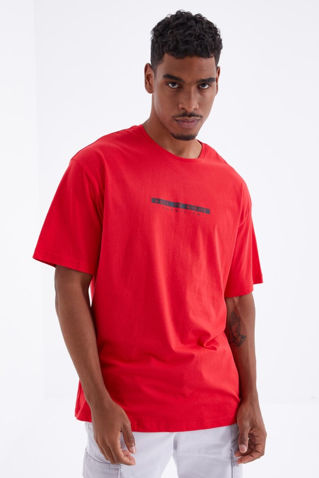 Tommy Life Kırmızı Sırtı Yazı Baskılı O Yaka Erkek Oversize T-Shirt - 88100. 5