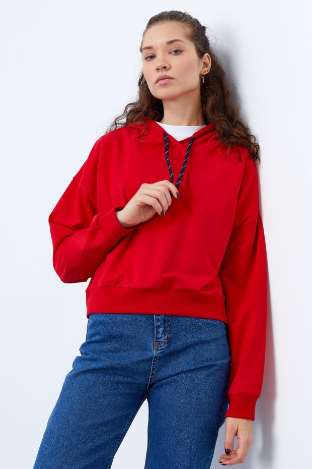 Kırmızı Uzun Kol Rahat Form Kapüşonlu Kadın Sweatshirt - 97115 - 1