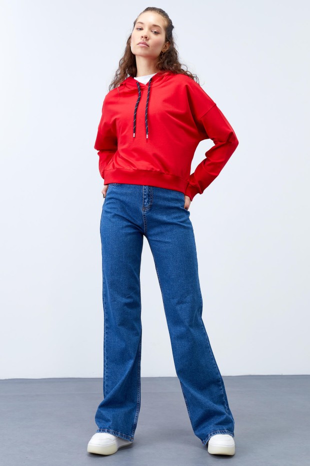 Kırmızı Uzun Kol Rahat Form Kapüşonlu Kadın Sweatshirt - 97115 - 2