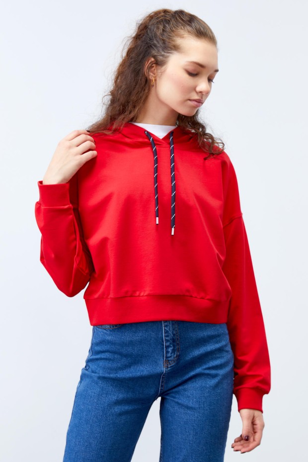 Kırmızı Uzun Kol Rahat Form Kapüşonlu Kadın Sweatshirt - 97115 - 3