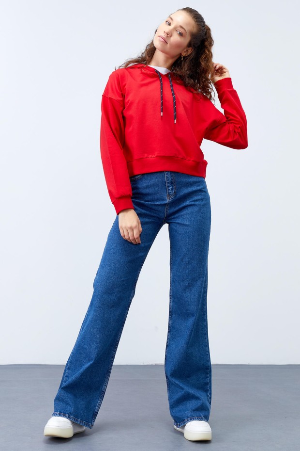 Kırmızı Uzun Kol Rahat Form Kapüşonlu Kadın Sweatshirt - 97115 - 4