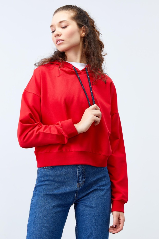 Kırmızı Uzun Kol Rahat Form Kapüşonlu Kadın Sweatshirt - 97115 - 5