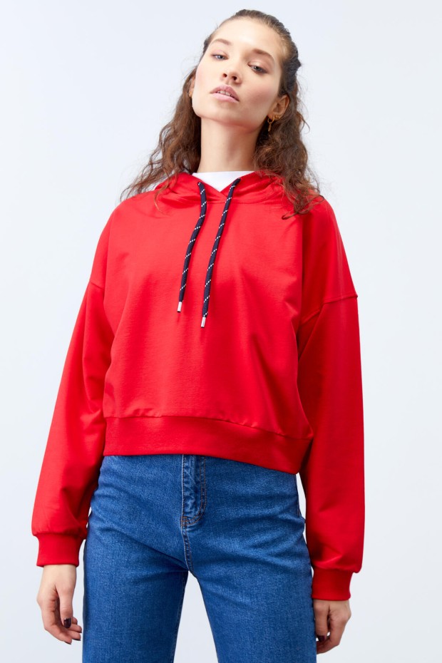 Kırmızı Uzun Kol Rahat Form Kapüşonlu Kadın Sweatshirt - 97115 - 6