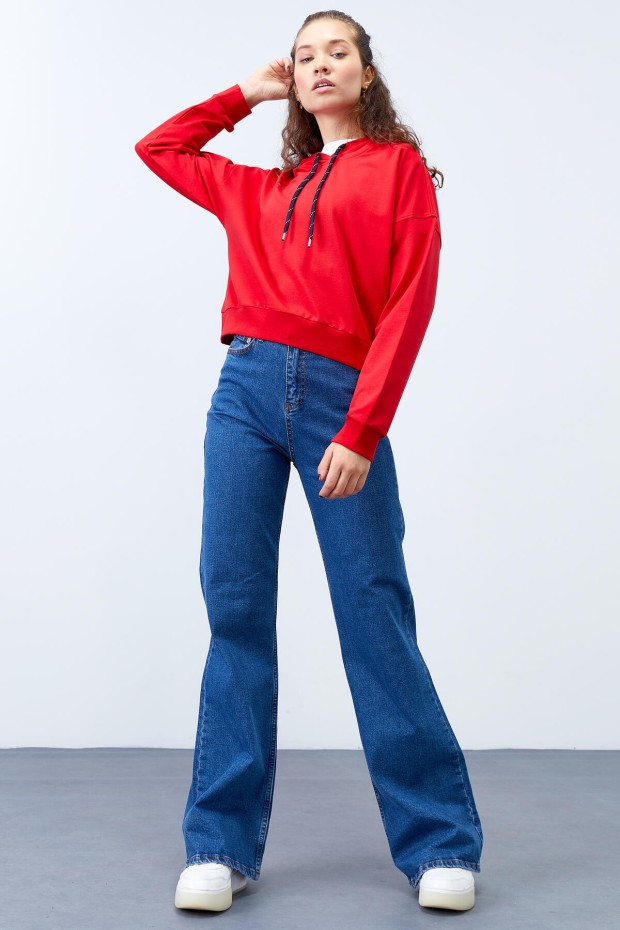 Kırmızı Uzun Kol Rahat Form Kapüşonlu Kadın Sweatshirt - 97115 - 7