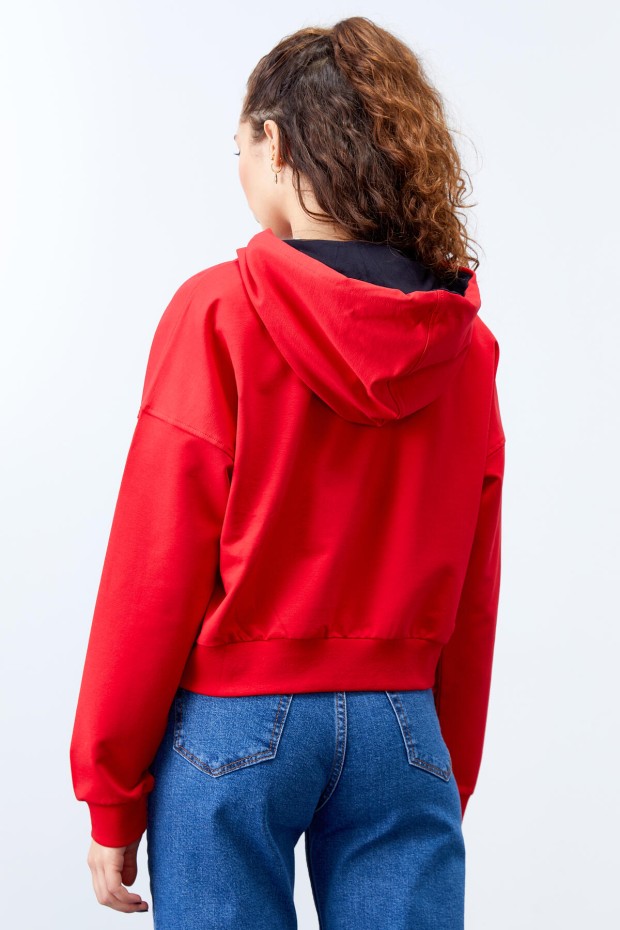 Kırmızı Uzun Kol Rahat Form Kapüşonlu Kadın Sweatshirt - 97115 - 8