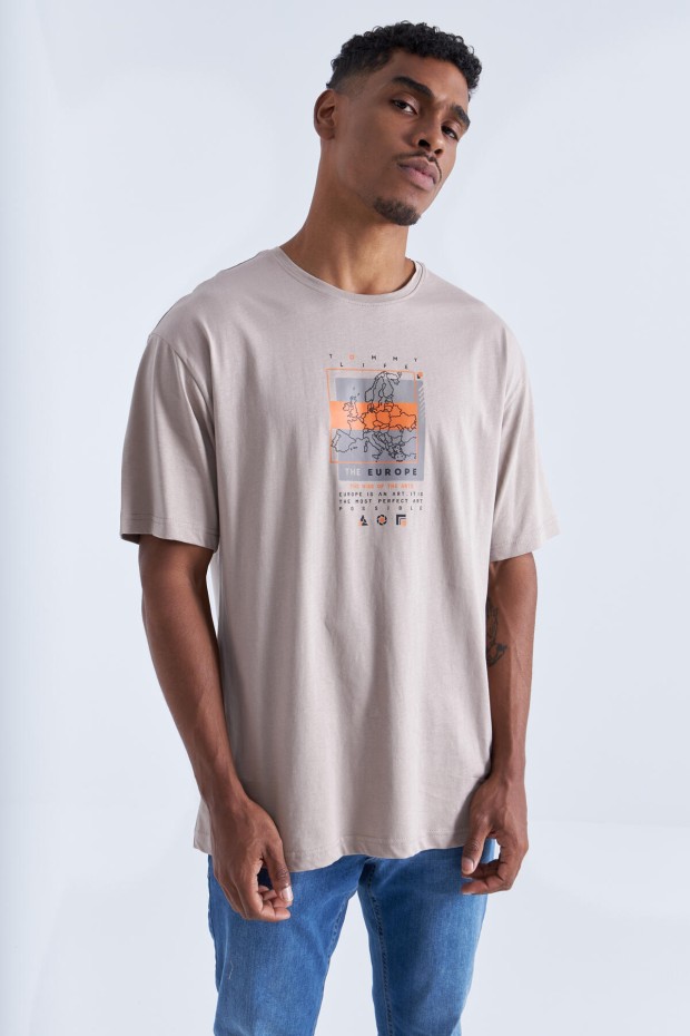 Tommy Life Koyu Bej Baskı Detaylı O Yaka Erkek Oversize T-Shirt - 88094. 3