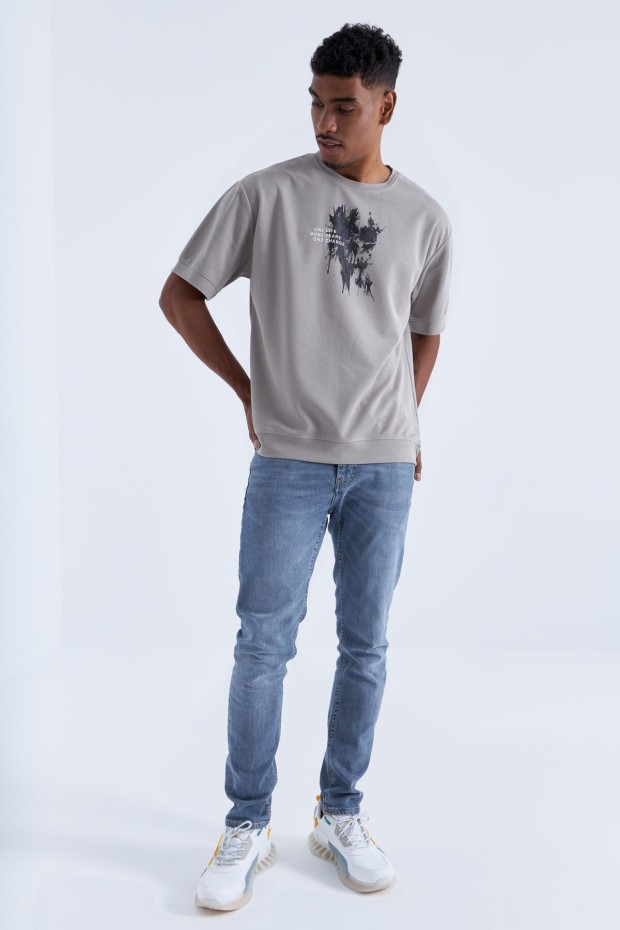 Tommy Life Koyu Bej Baskılı Yazı Nakışlı O Yaka Erkek Oversize T-Shirt - 88105. 2