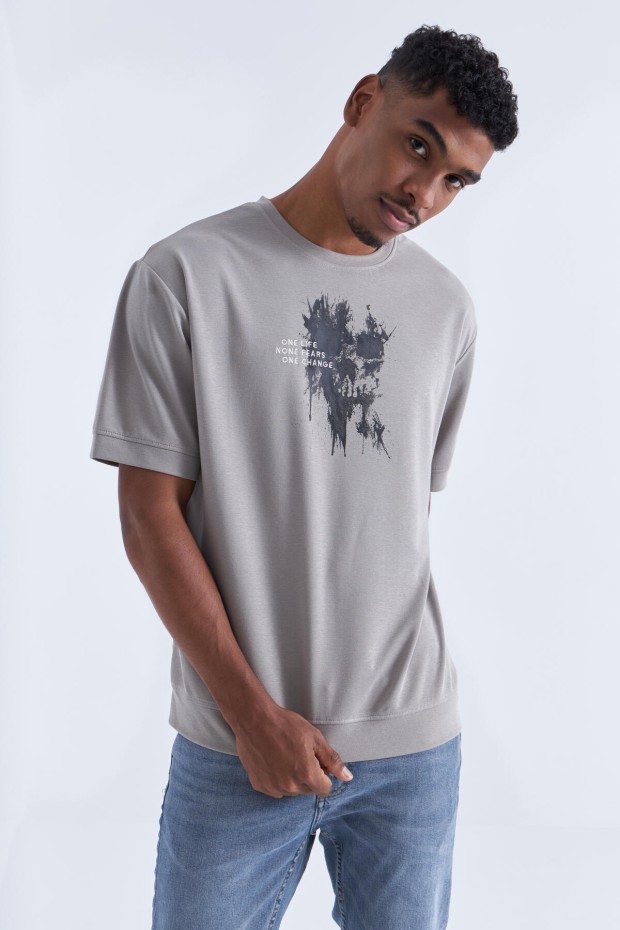 Tommy Life Koyu Bej Baskılı Yazı Nakışlı O Yaka Erkek Oversize T-Shirt - 88105. 1 Tommy Life Koyu Bej Baskılı Yazı Nakışlı O Yaka Erkek Oversize T-Shirt - 88105. 1