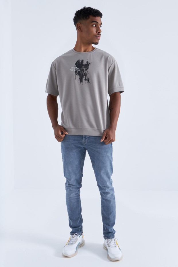 Tommy Life Koyu Bej Baskılı Yazı Nakışlı O Yaka Erkek Oversize T-Shirt - 88105. 8