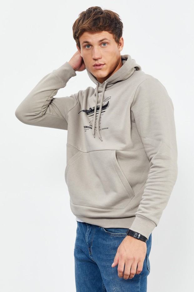 Tommy Life Koyu Bej Baskılı Kapüşonlu Kanguru Cep Rahat Form Erkek Sweatshirt - 88019. 1 Tommy Life Koyu Bej Baskılı Kapüşonlu Kanguru Cep Rahat Form Erkek Sweatshirt - 88019. 1