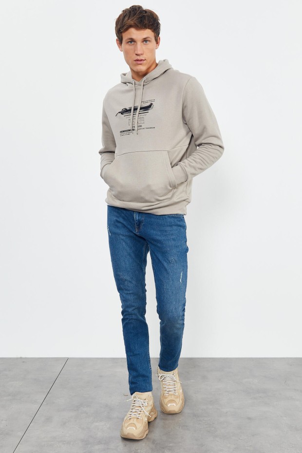 Tommy Life Koyu Bej Baskılı Kapüşonlu Kanguru Cep Rahat Form Erkek Sweatshirt - 88019. 2