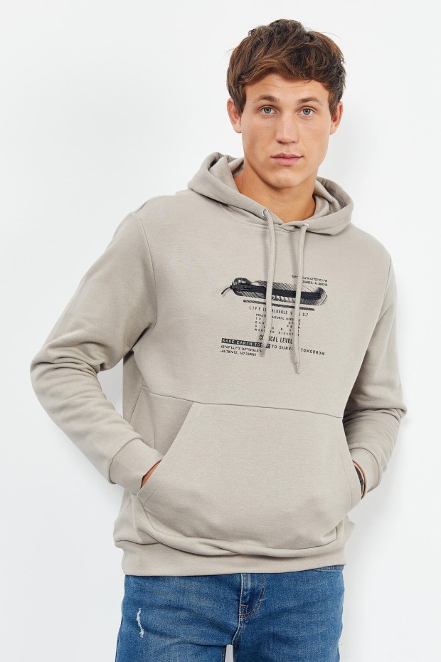 Tommy Life Koyu Bej Baskılı Kapüşonlu Kanguru Cep Rahat Form Erkek Sweatshirt - 88019. 3