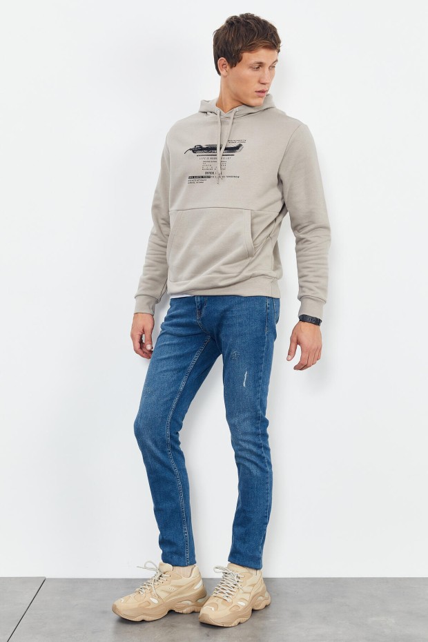 Tommy Life Koyu Bej Baskılı Kapüşonlu Kanguru Cep Rahat Form Erkek Sweatshirt - 88019. 4