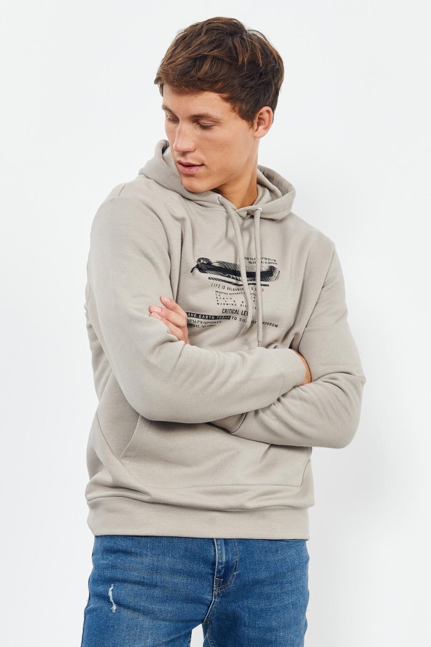 Tommy Life Koyu Bej Baskılı Kapüşonlu Kanguru Cep Rahat Form Erkek Sweatshirt - 88019. 5