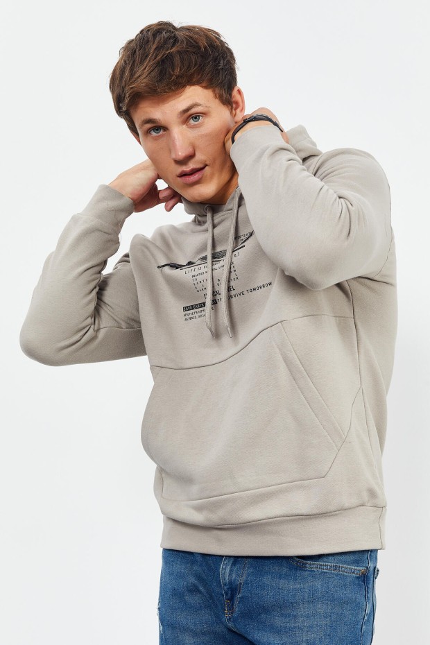 Tommy Life Koyu Bej Baskılı Kapüşonlu Kanguru Cep Rahat Form Erkek Sweatshirt - 88019. 6 Tommy Life Koyu Bej Baskılı Kapüşonlu Kanguru Cep Rahat Form Erkek Sweatshirt - 88019. 6