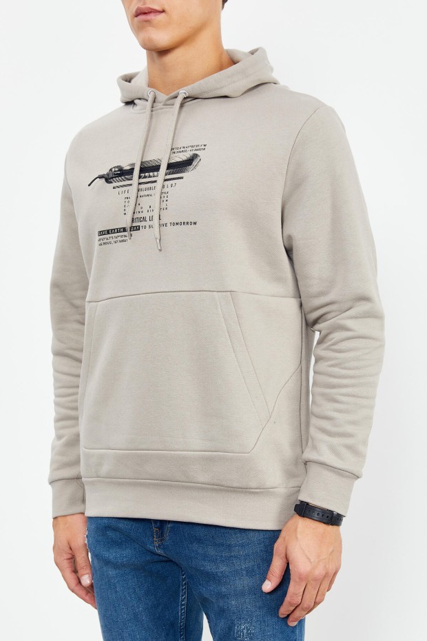 Tommy Life Koyu Bej Baskılı Kapüşonlu Kanguru Cep Rahat Form Erkek Sweatshirt - 88019. 8