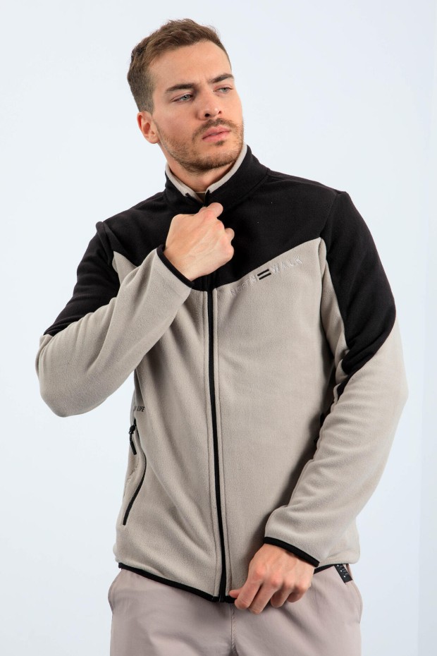 Tommy Life Koyu Bej İki Renkli Fermuarlı Dik Yaka Standart Kalıp Erkek Sweatshirt Polar - 87994. 3