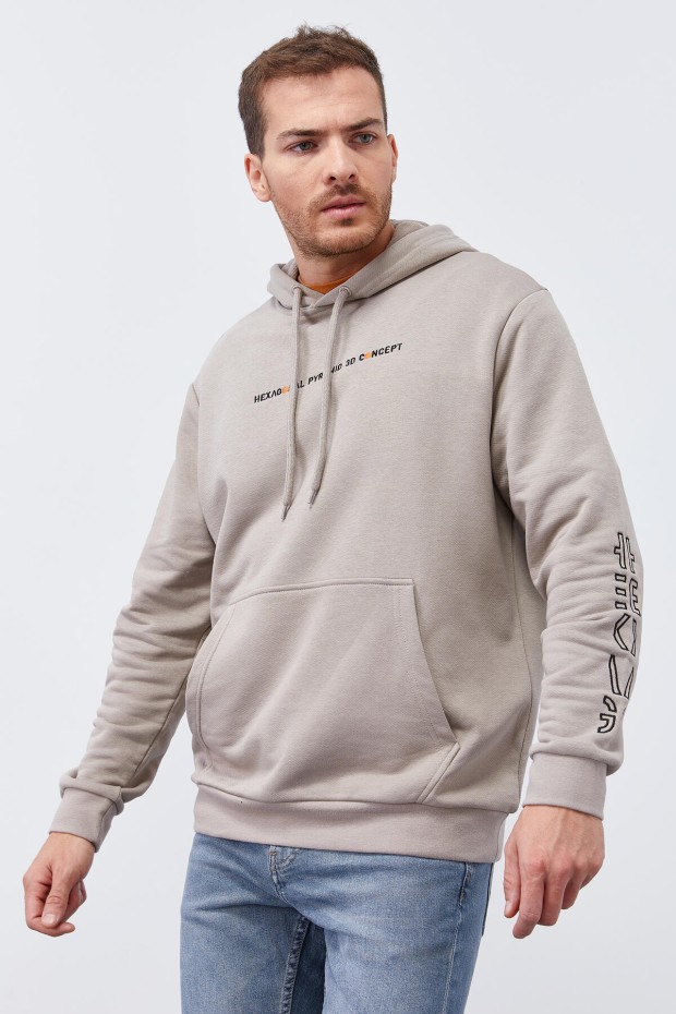 Tommy Life Koyu Bej Kol Baskılı Kapüşonlu Rahat Form Erkek Sweatshirt - 88038. 3 Tommy Life Koyu Bej Kol Baskılı Kapüşonlu Rahat Form Erkek Sweatshirt - 88038. 3